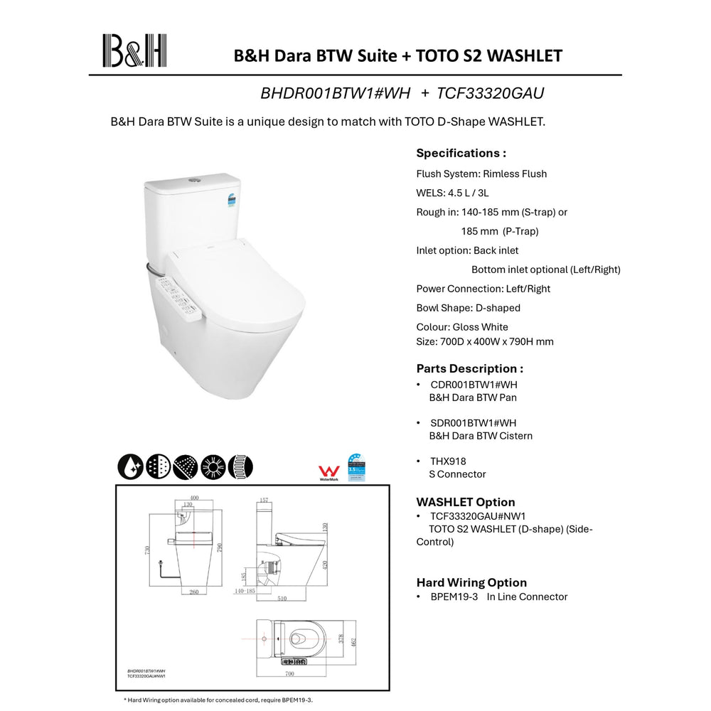 TOTO S2 WASHLET W/ SIDE CONTROL AND B&H DARA BTW TOILET SUITE PACKAGE D-SHAPE GLOSS WHITE