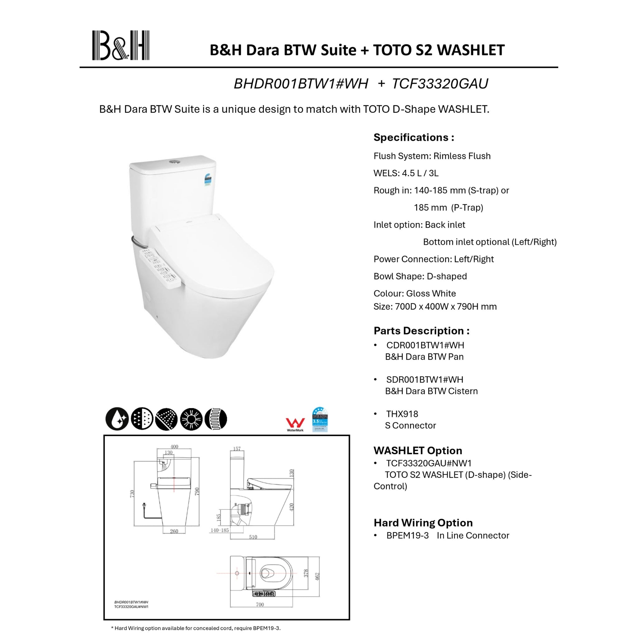 TOTO S2 WASHLET W/ SIDE CONTROL AND B&H DARA BTW TOILET SUITE PACKAGE D-SHAPE GLOSS WHITE
