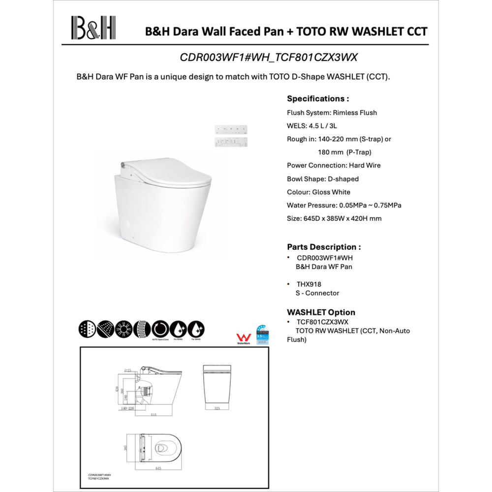 TOTO RW WASHLET W/ REMOTE CONTROL AND B&H DARA WALL FACED TOILET PACKAGE D-SHAPE GLOSS WHITE