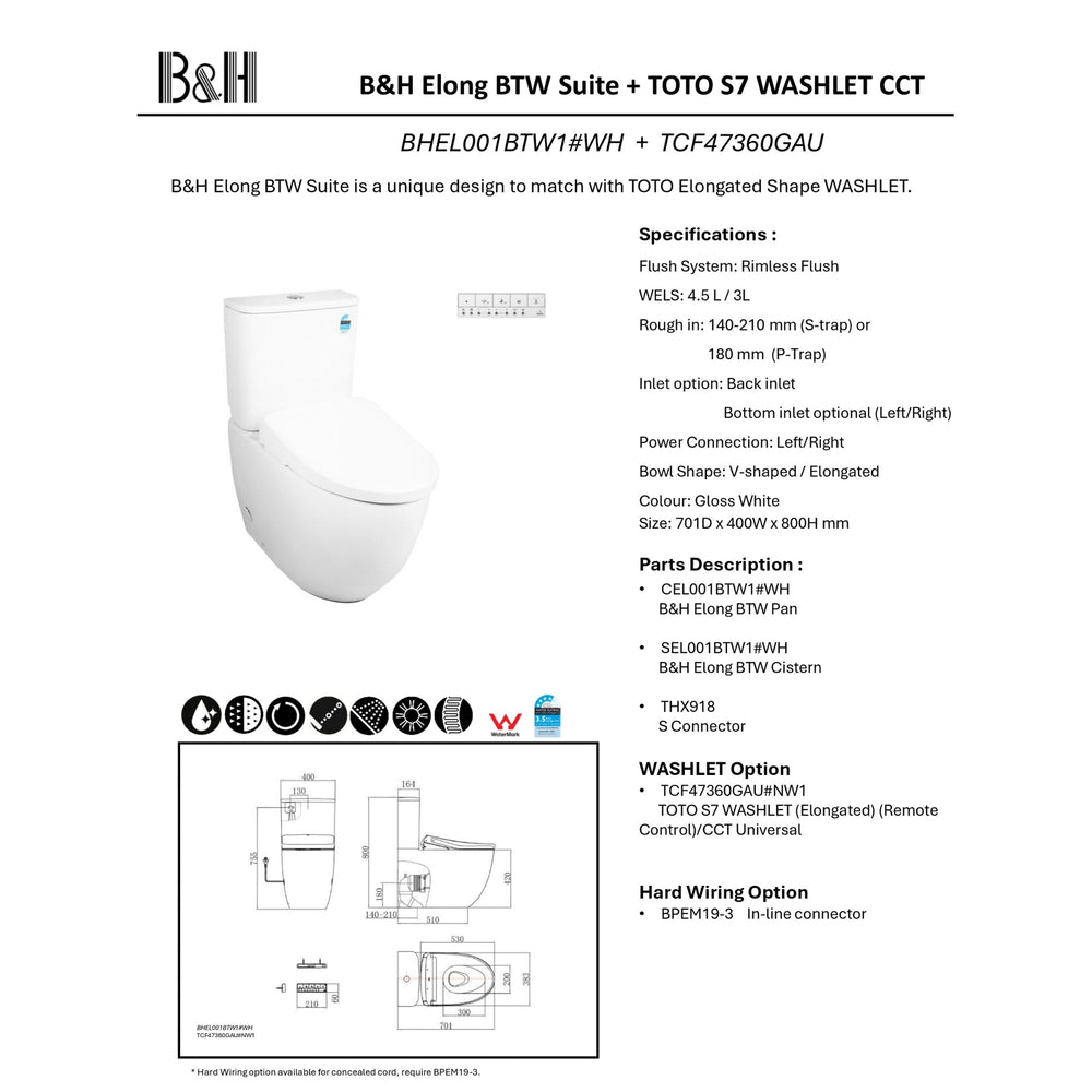 TOTO S7 WASHLET W/ REMOTE CONTROL AND AUTOLID B&H BTW TOILET SUITE PACKAGE ELONGATED GLOSS WHITE