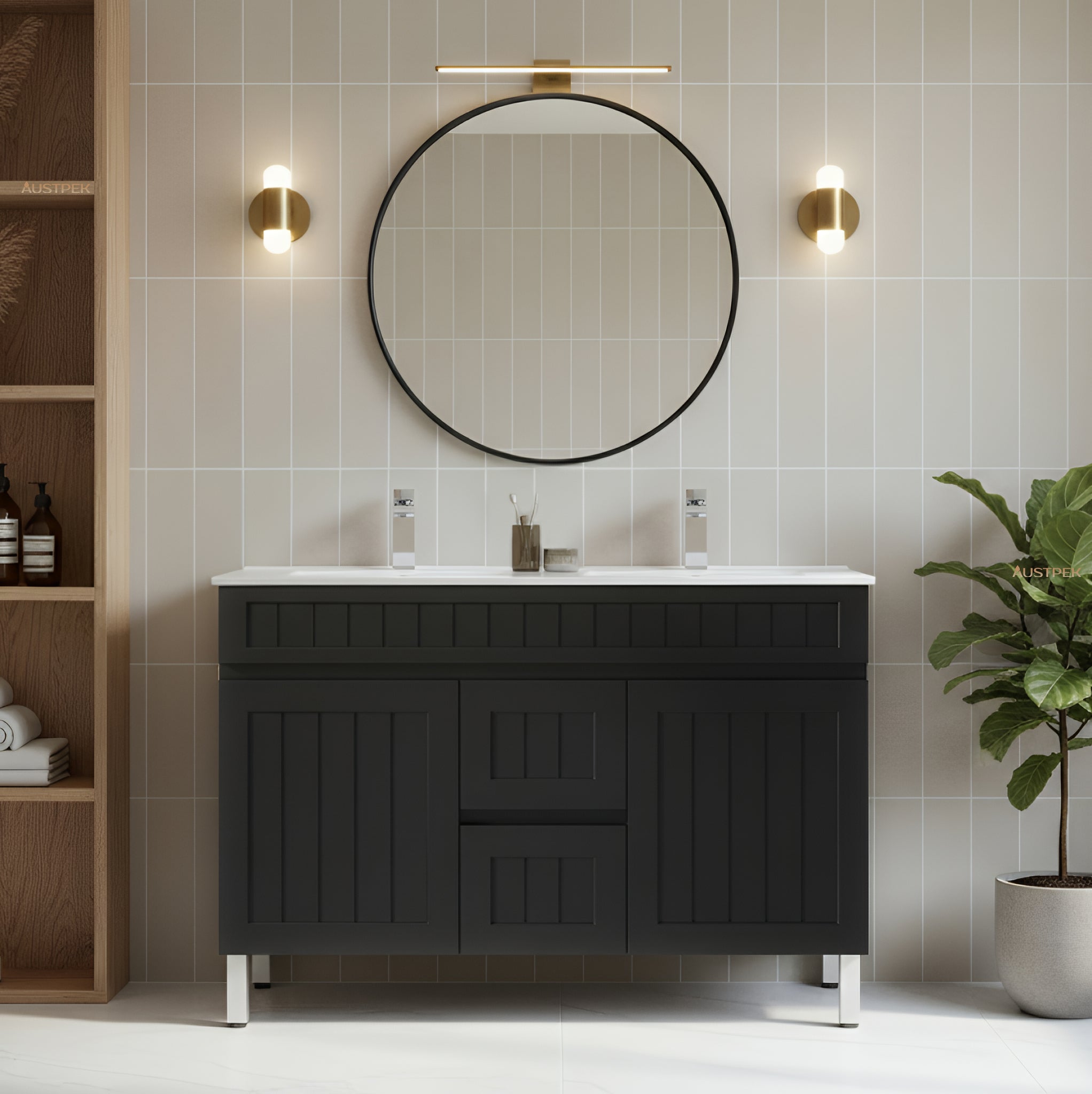 CETO ACACIA SHAKER MATTE BLACK 1200MM DOUBLE BOWL FLOOR STANDING VANITY