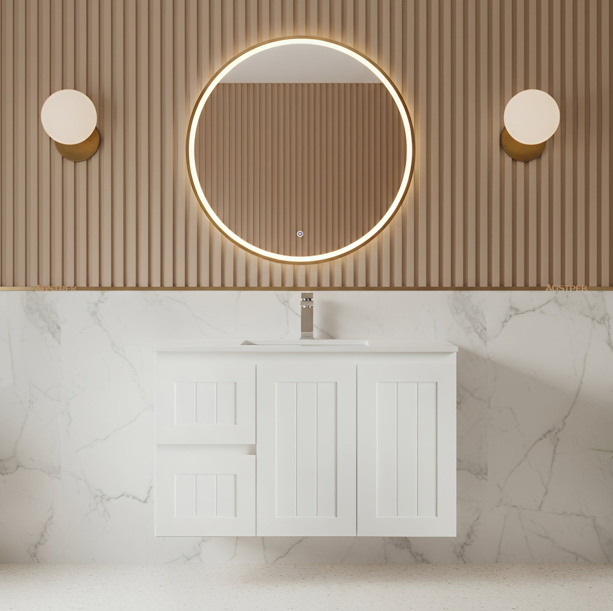 CETO ACACIA SHAKER MATTE WHITE 900MM SINGLE BOWL WALL HUNG VANITY (AVAILABLE IN LEFT AND RIGHT HAND DRAWER)