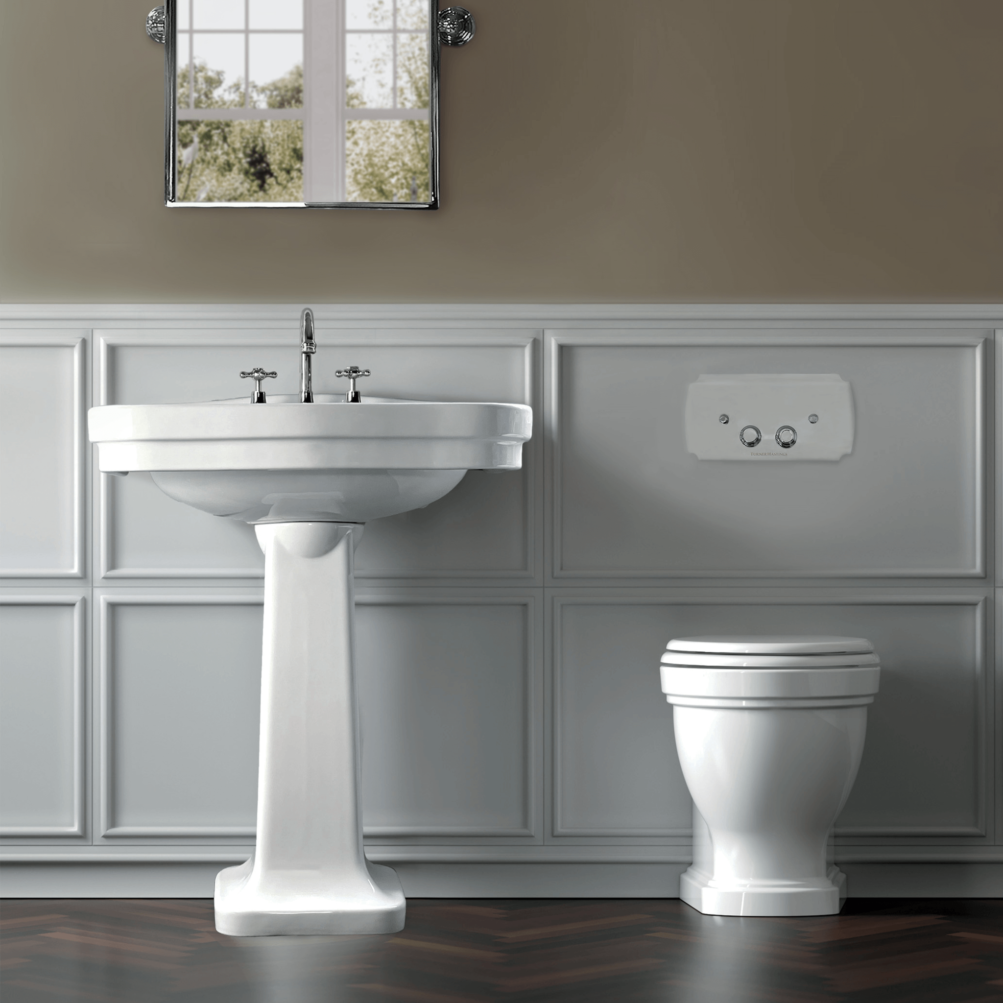 TURNER HASTINGS CLAREMONT WALL FACED PAN WITH GEBERIT IN WALL CISTERN & TRADITIONAL FLUSH PLATE