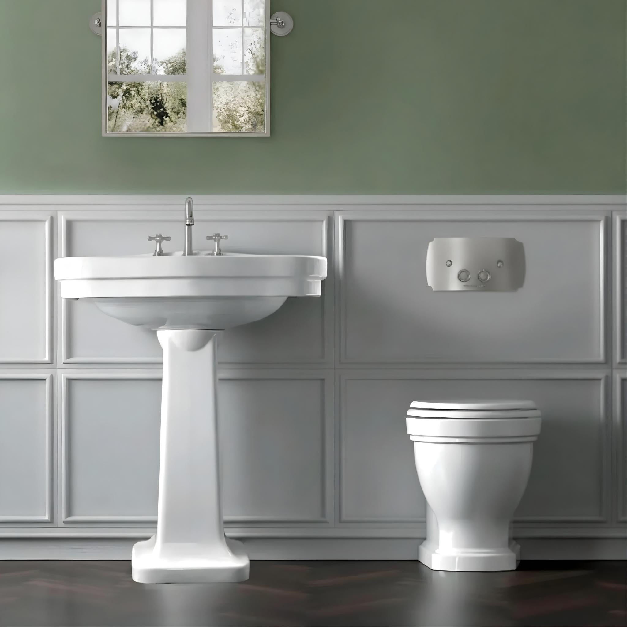 TURNER HASTINGS CLAREMONT RIMLESS FLOOR MOUNTED PAN AND SEAT WITH GEBERIT IN-WALL CISTERN AND TRADITIONAL CHROME FLUSH PLATE PACKAGE GLOSS WHITE