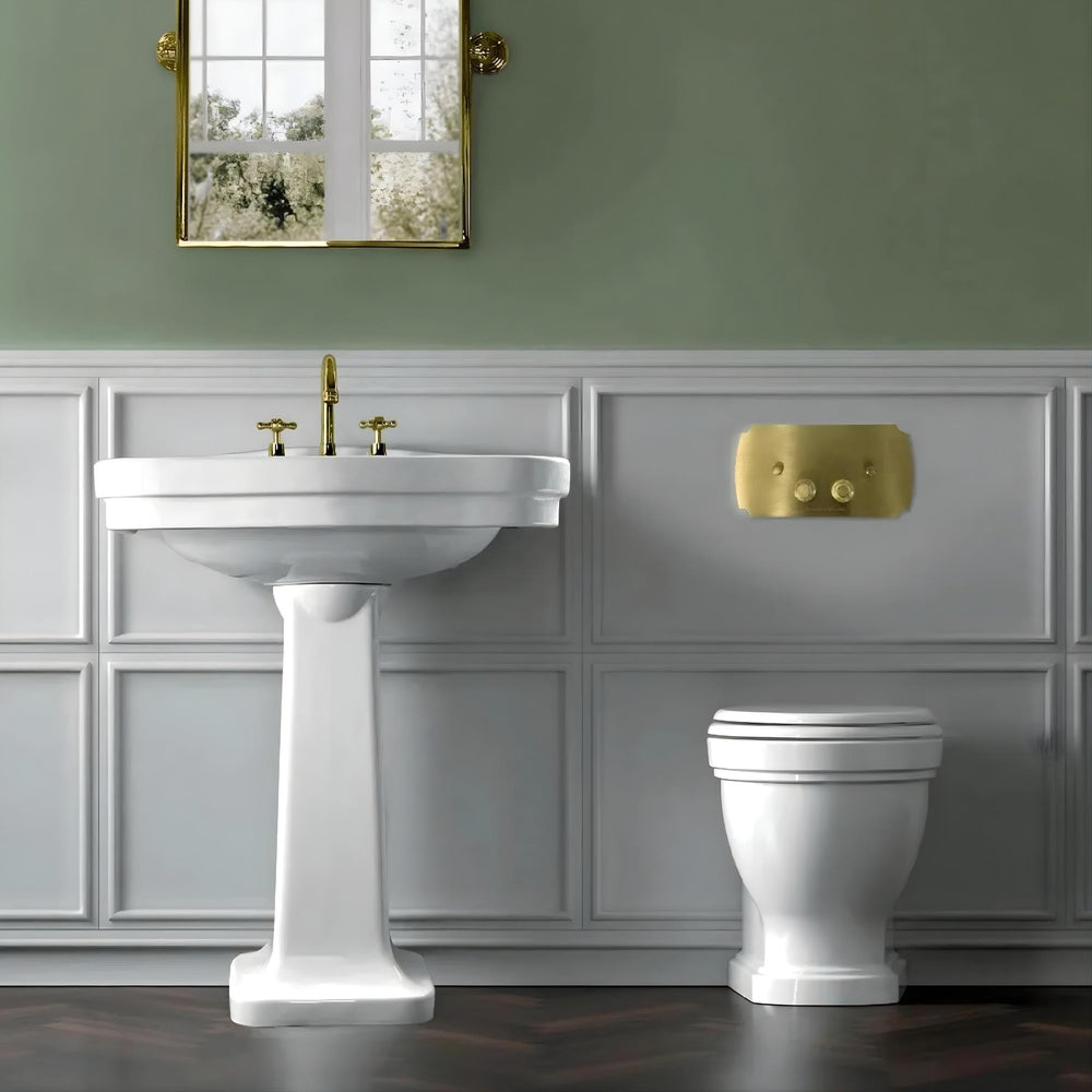 TURNER HASTINGS CLAREMONT RIMLESS FLOOR MOUNTED PAN AND SEAT WITH GEBERIT IN-WALL CISTERN AND TRADITIONAL BRUSHED BRASS FLUSH PLATE PACKAGE GLOSS WHITE