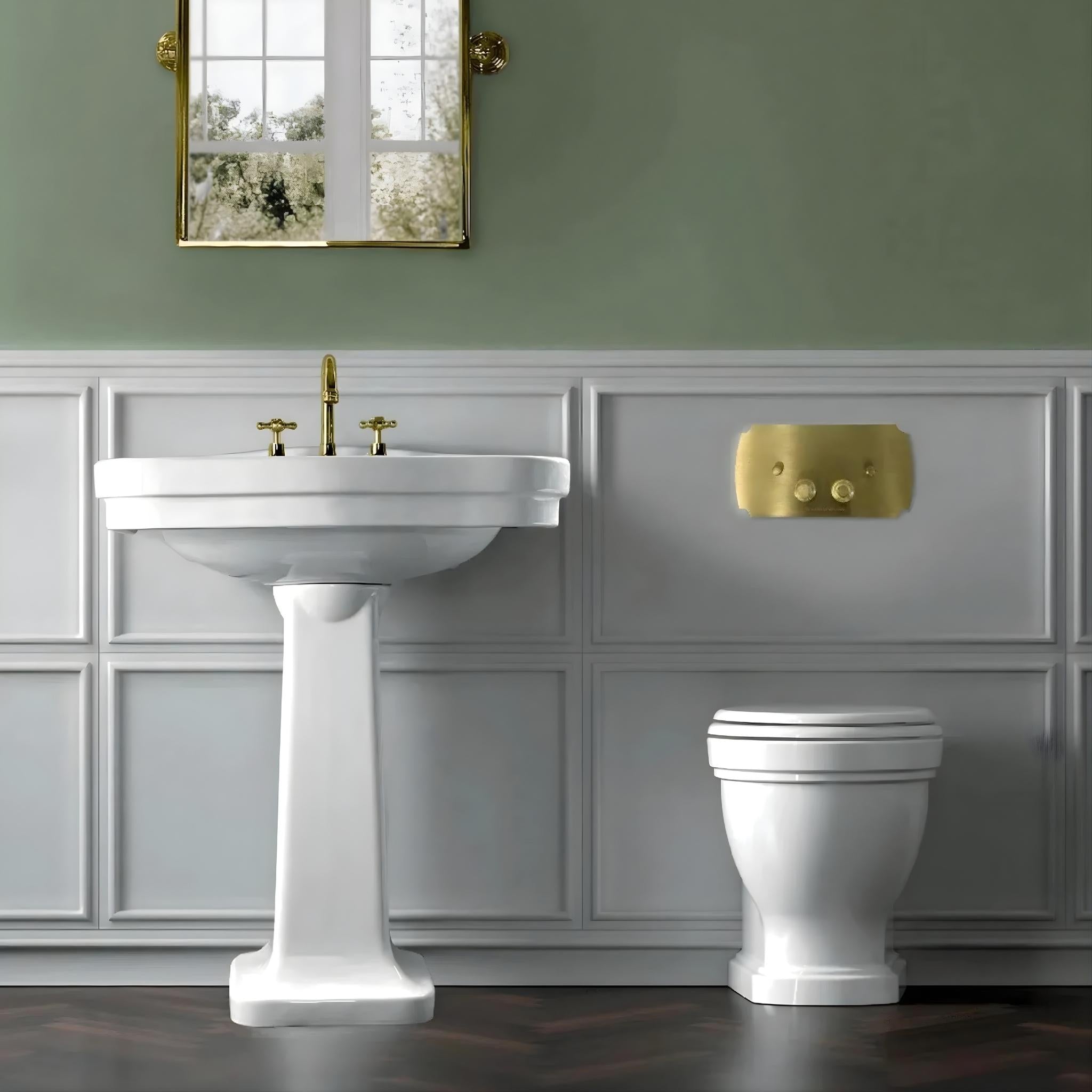 TURNER HASTINGS CLAREMONT RIMLESS FLOOR MOUNTED PAN AND SEAT WITH GEBERIT IN-WALL CISTERN AND TRADITIONAL BRUSHED BRASS FLUSH PLATE PACKAGE GLOSS WHITE