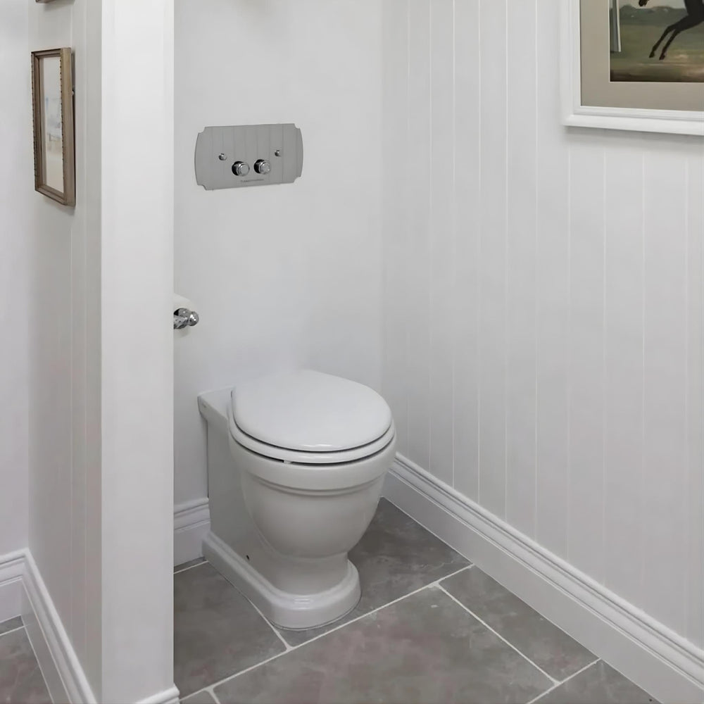 TURNER HASTINGS CLAREMONT RIMLESS FLOOR MOUNTED PAN AND SEAT WITH GEBERIT IN-WALL CISTERN AND TRADITIONAL BRUSHED NICKEL FLUSH PLATE PACKAGE GLOSS WHITE