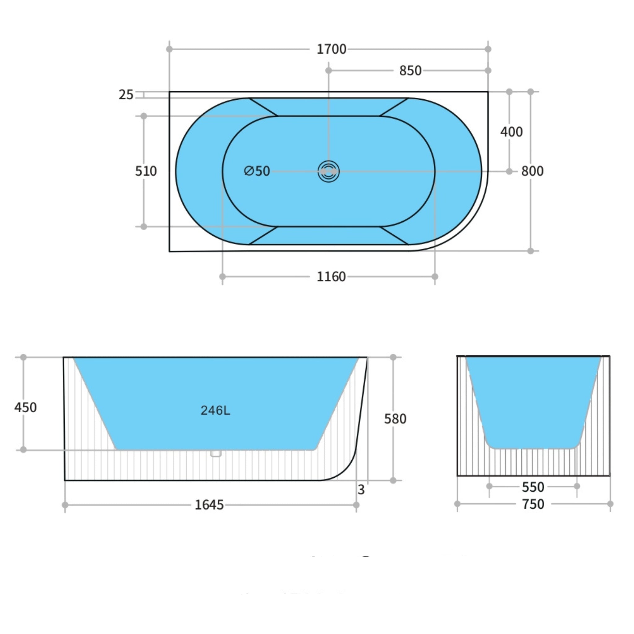 CETO CAPRI FREESTANDING LEFT CORNER BATHTUB MATTE BLACK (AVAILABLE IN 1500MM AND 1700MM)