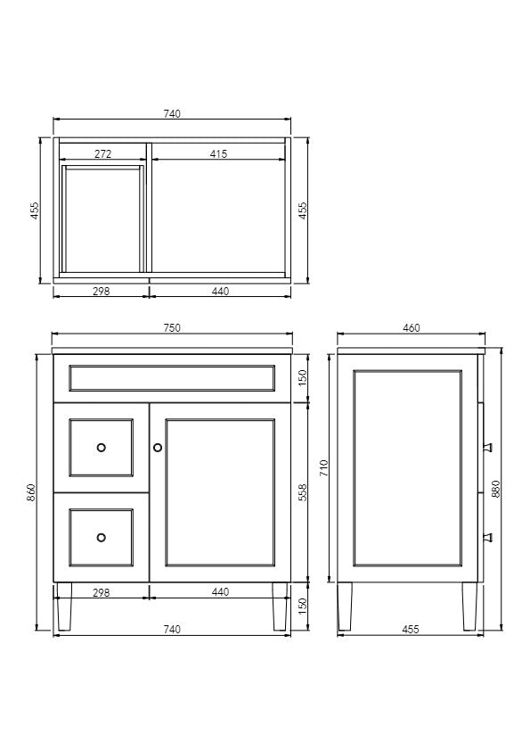 CETO HARRINGTON MATTE WHITE 750MM SINGLE BOWL FLOOR STANDING VANITY (AVAILABLE IN LEFT AND RIGHT HAND DRAWER)