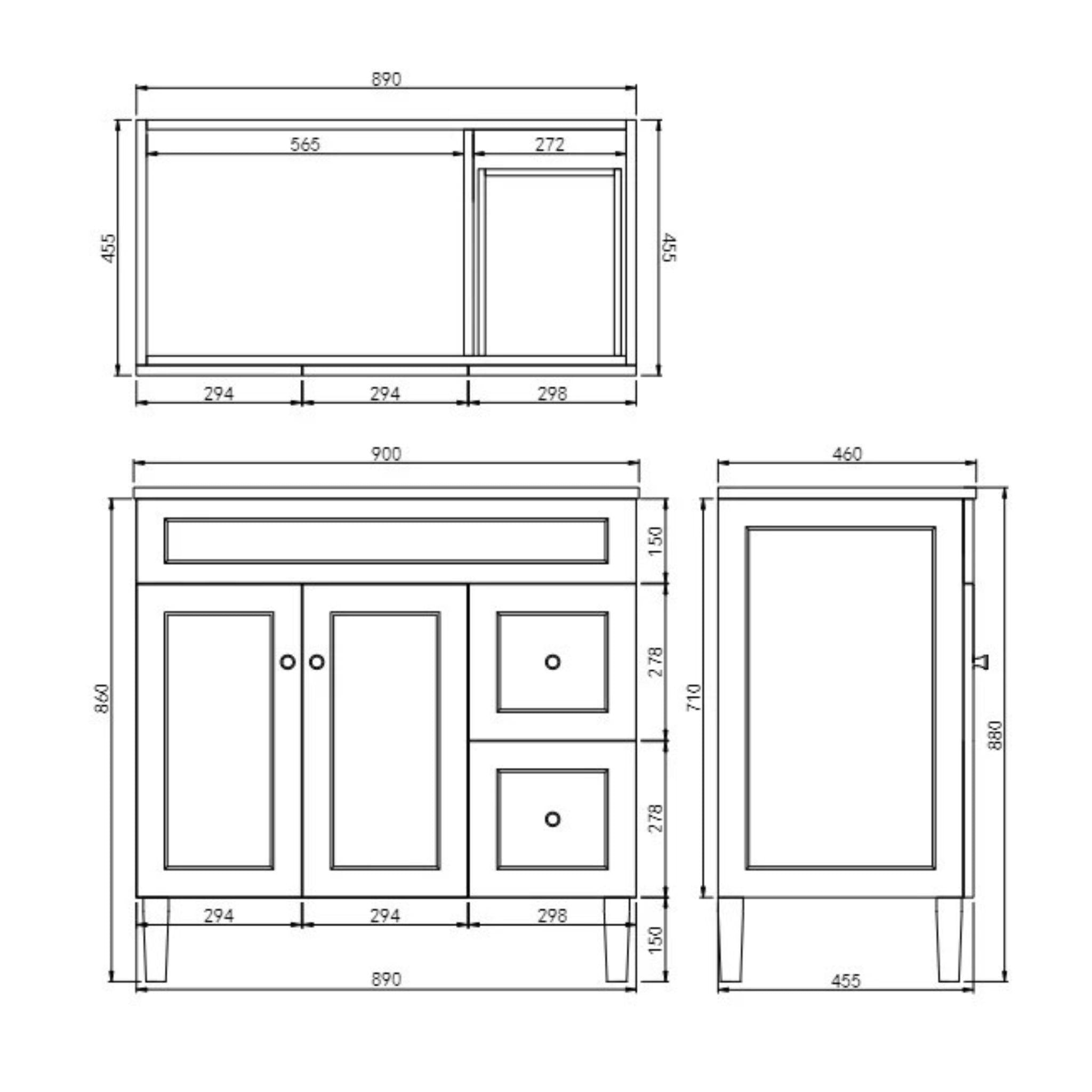 CETO HARRINGTON MATTE WHITE 900MM SINGLE BOWL FLOOR STANDING VANITY (AVAILABLE IN LEFT AND RIGHT HAND DRAWER)