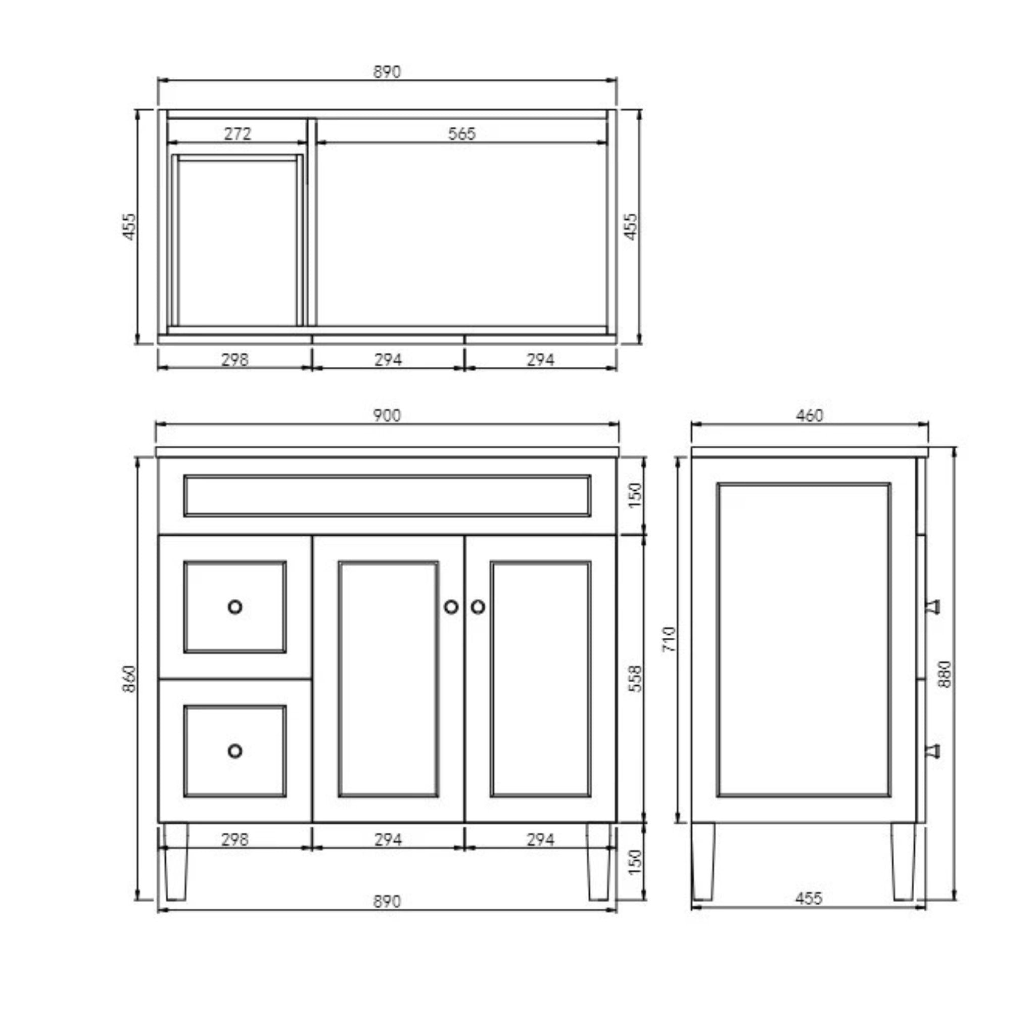 CETO HARRINGTON MATTE WHITE 900MM SINGLE BOWL FLOOR STANDING VANITY (AVAILABLE IN LEFT AND RIGHT HAND DRAWER)