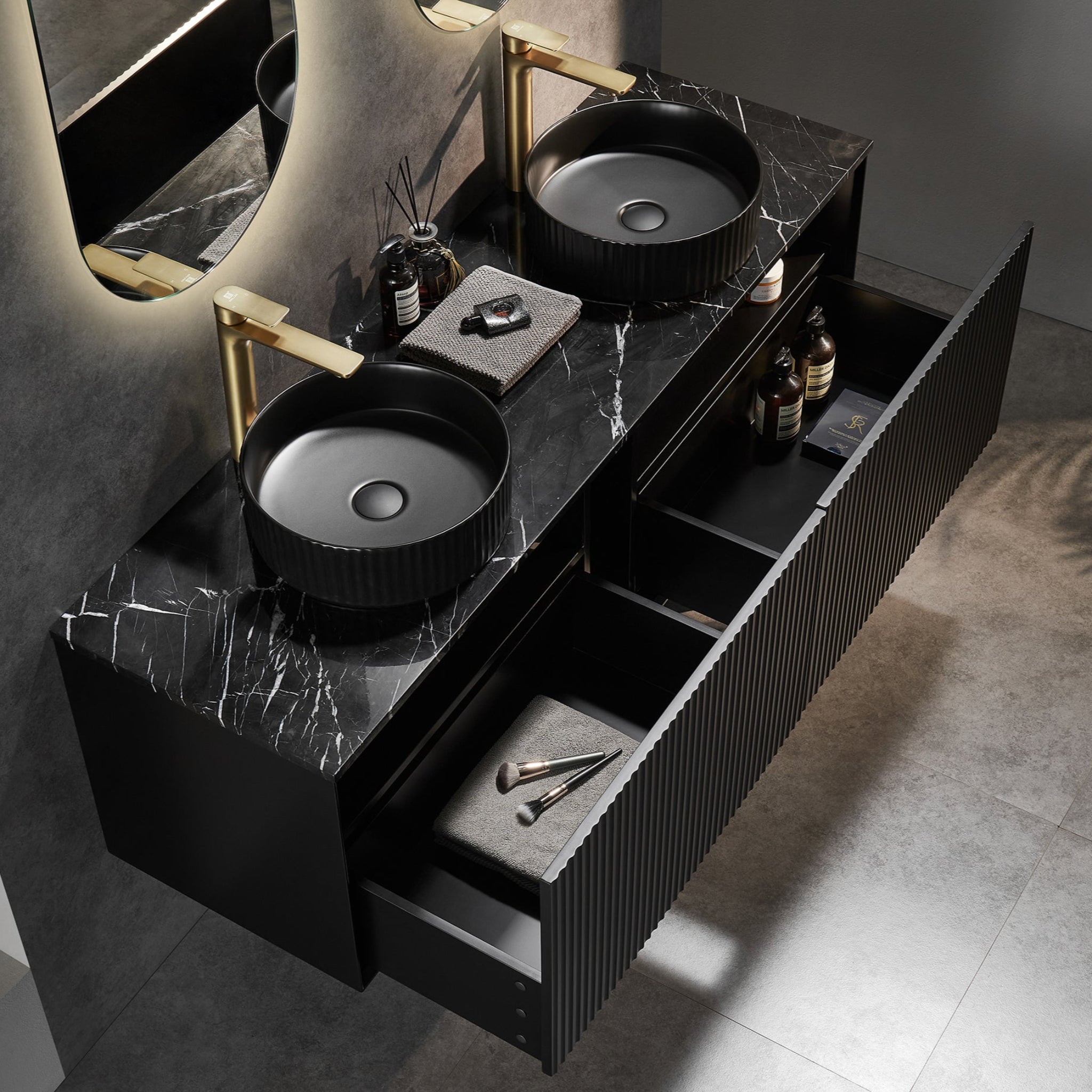 CETO KIRRIBILLI MATTE BLACK 1500MM DOUBLE BOWL WALL HUNG VANITY