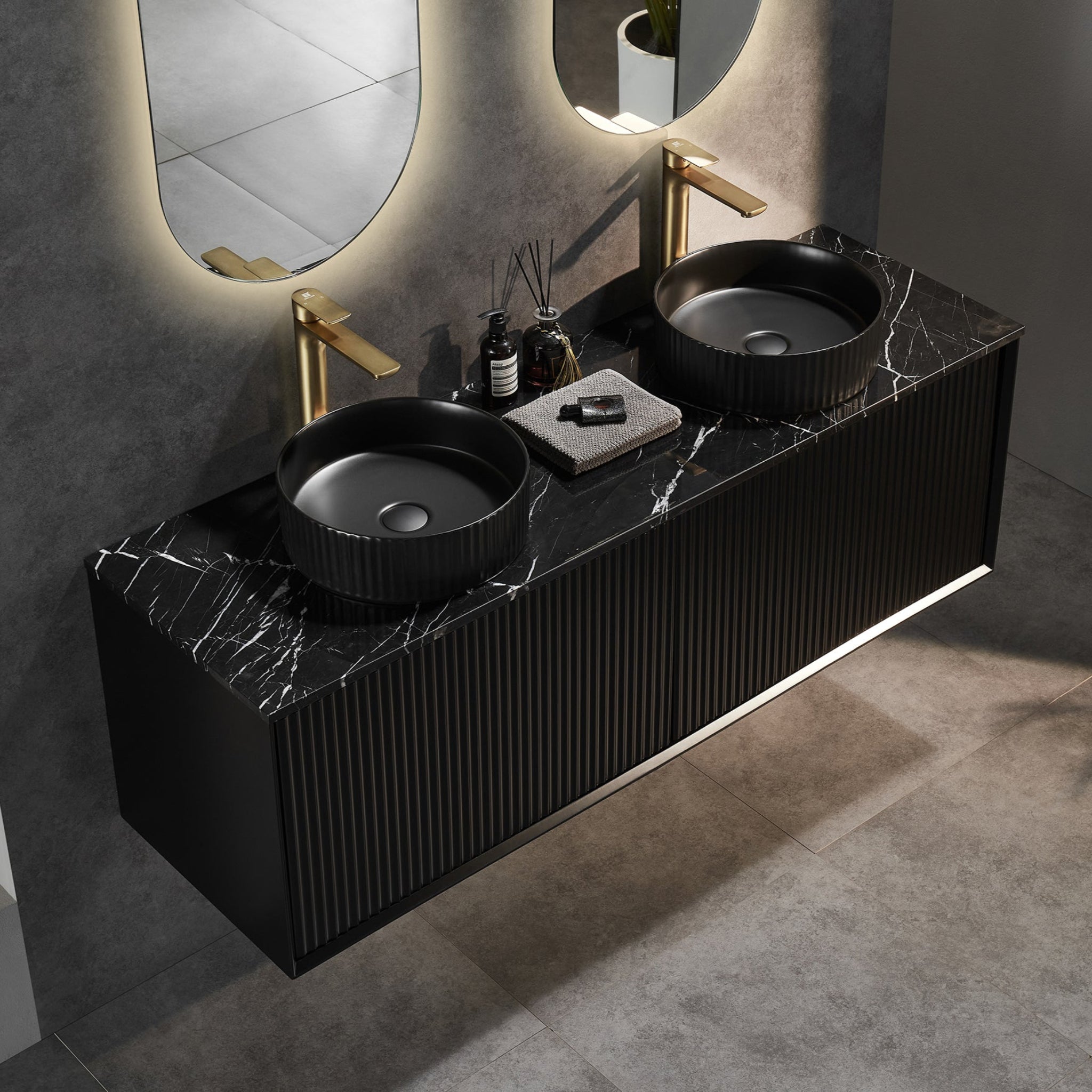 CETO KIRRIBILLI MATTE BLACK 1500MM DOUBLE BOWL WALL HUNG VANITY