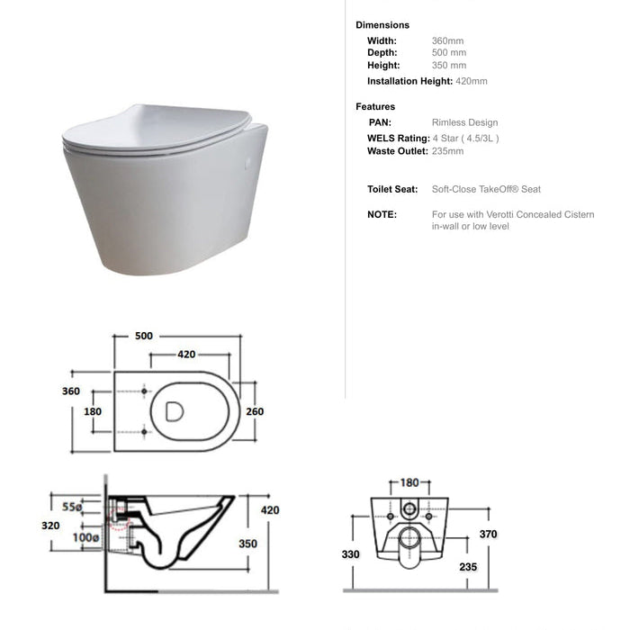 VEROTTI CITY LIFE SLIM WALL HUNG PAN GLOSS WHITE - Spec Sheet