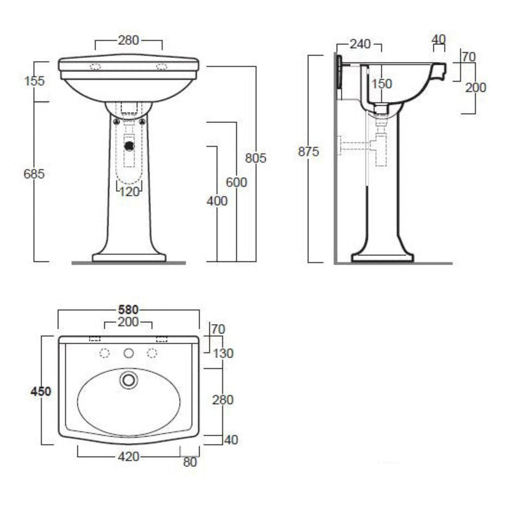 TURNER HASTINGS CLAREMONT BASIN & PEDESTAL GLOSS WHITE 580MM X 875MM
