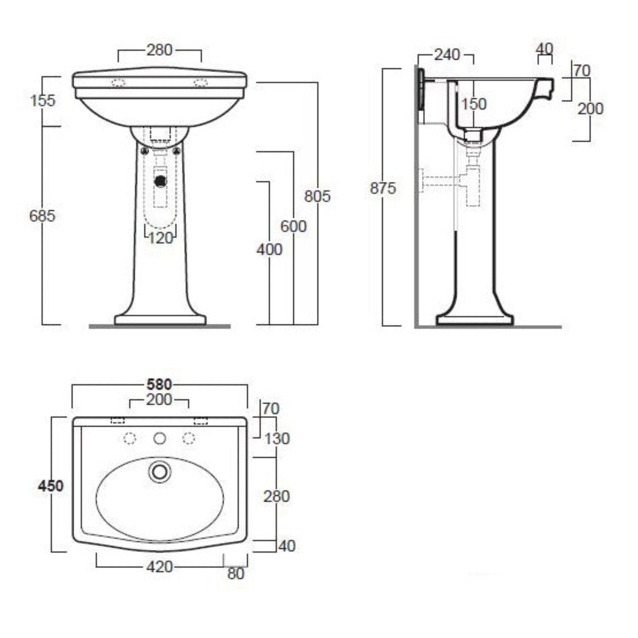 TURNER HASTINGS CLAREMONT BASIN & PEDESTAL GLOSS WHITE 580MM X 875MM