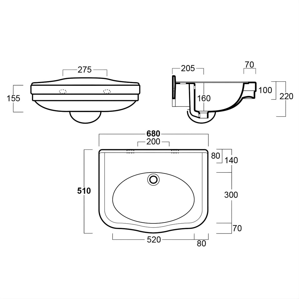 TURNER HASTINGS CLAREMONT WALL HUNG BASIN GLOSS WHITE 680MM