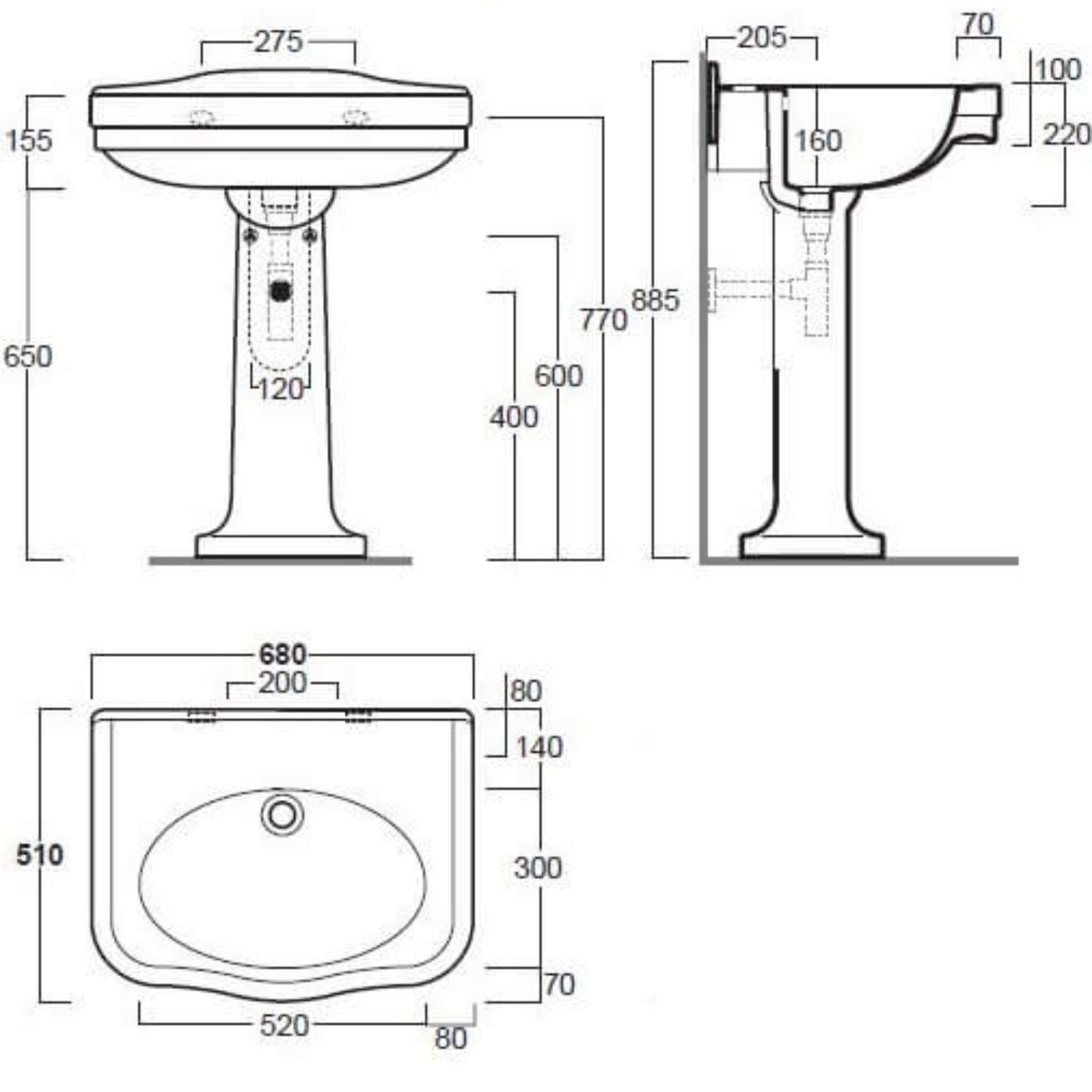 TURNER HASTINGS CLAREMONT NO TAPHOLE BASIN & PEDESTAL GLOSS WHITE 680MM X 885MM