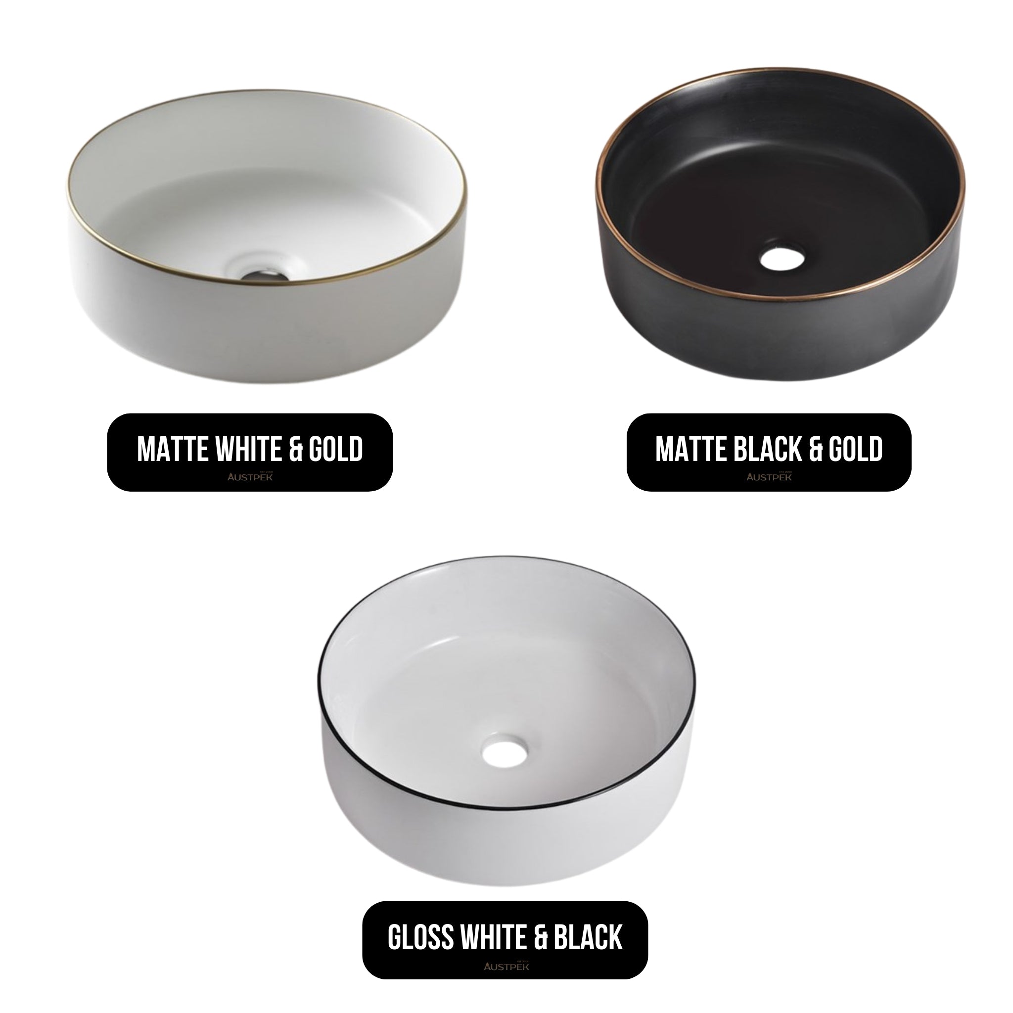 AQUAPERLA CERAMIC ROUND ABOVE COUNTER BASIN GLOSS WHITE WITH BLACK RIM 360MM