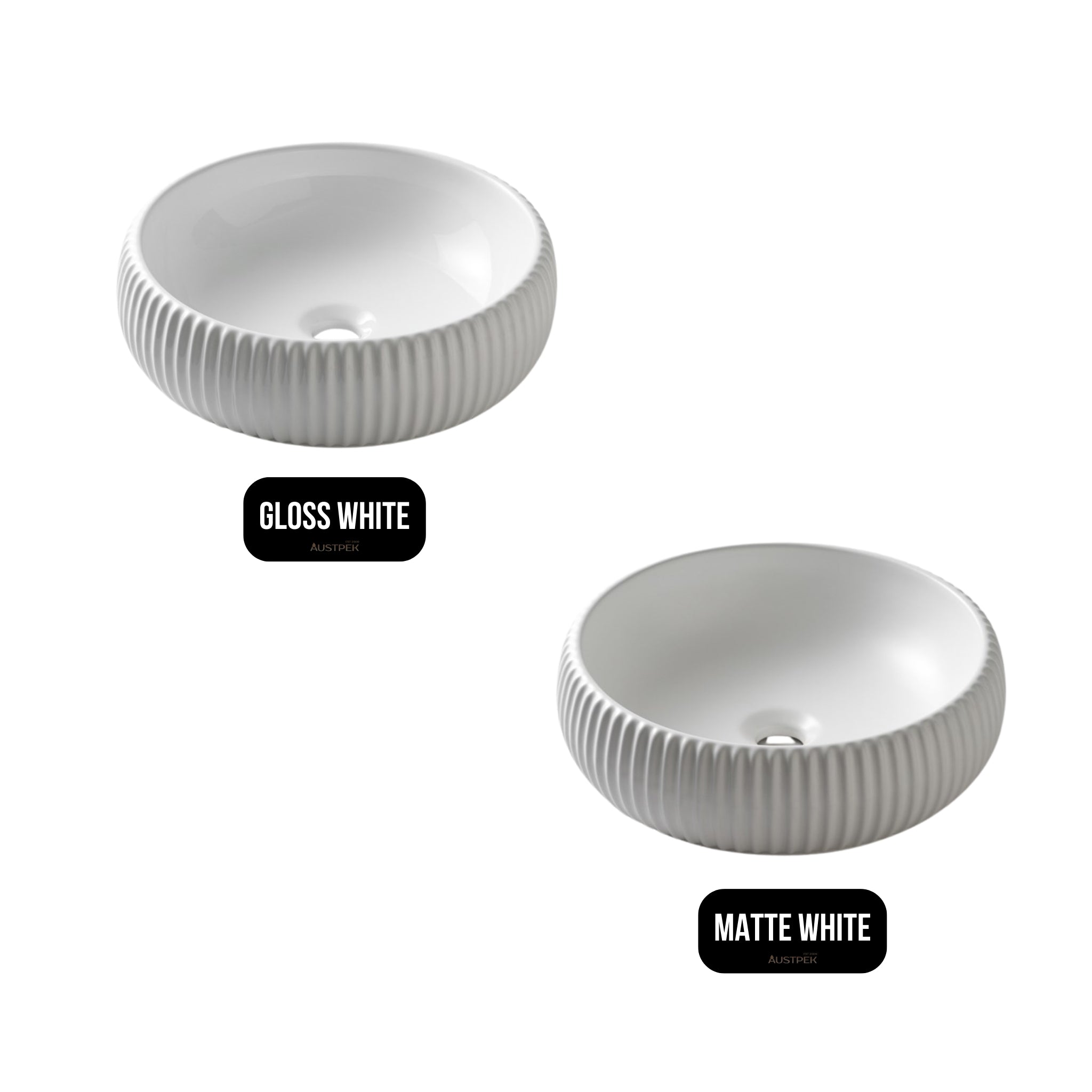 AQUAPERLA CERAMIC FLUTED ROUND ABOVE COUNTER BASIN GLOSS WHITE 420MM