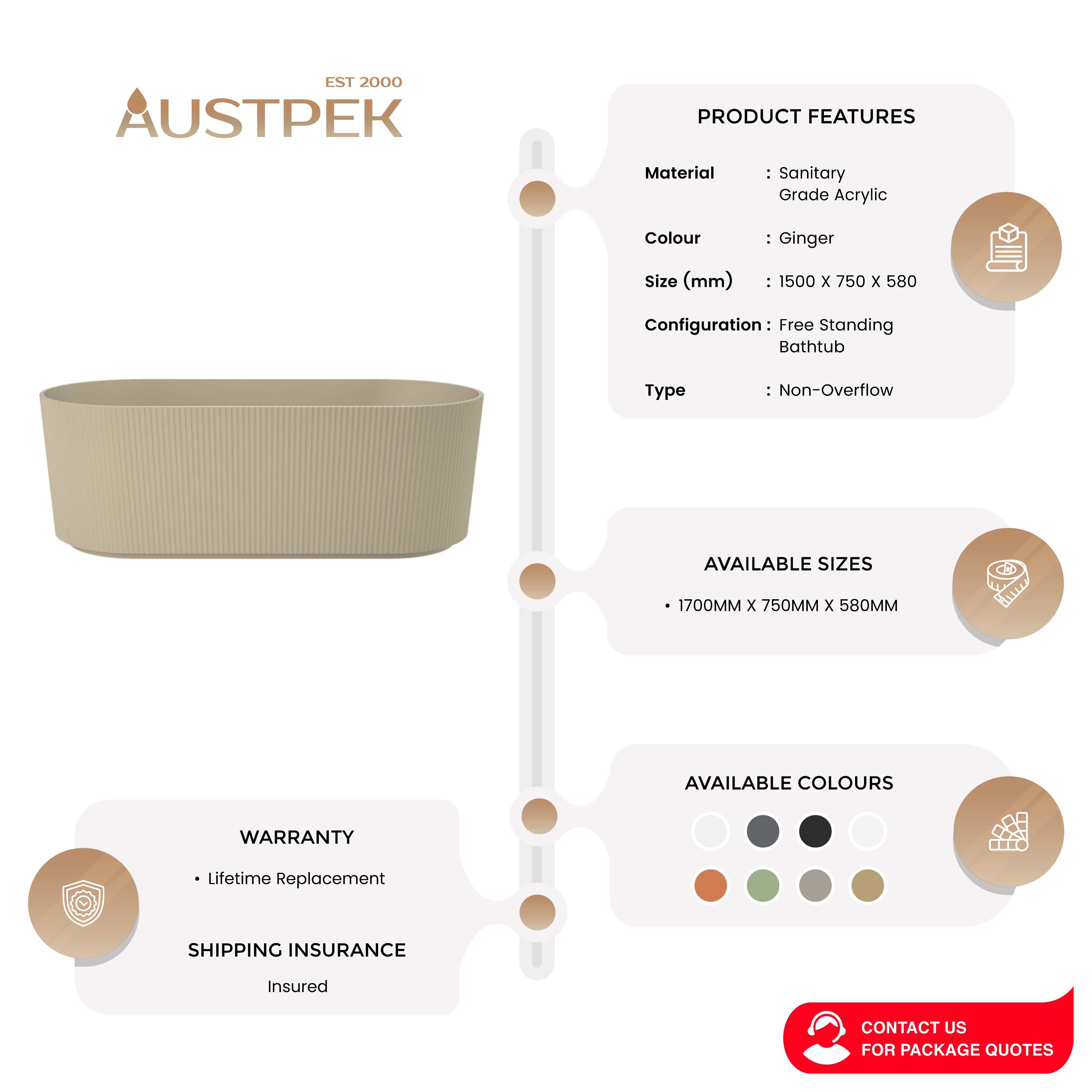 LINSOL CLEO FREESTANDING BATHTUB GINGER (AVAILABLE IN 1500MM AND 1700MM)