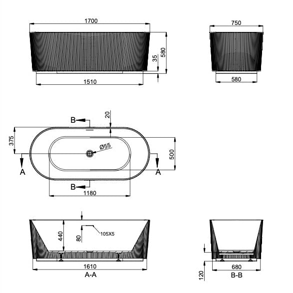 Linsol Cleo Freestanding Bath 1700mm line drawing