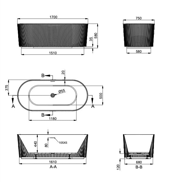 Linsol Cleo Freestanding Bath 1700mm line drawing