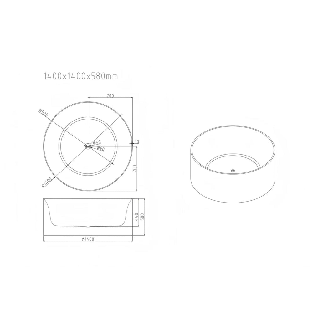 MERCIO COLE FREESTANDING ACRYLIC BATHTUB GLOSS WHITE 1400MM
