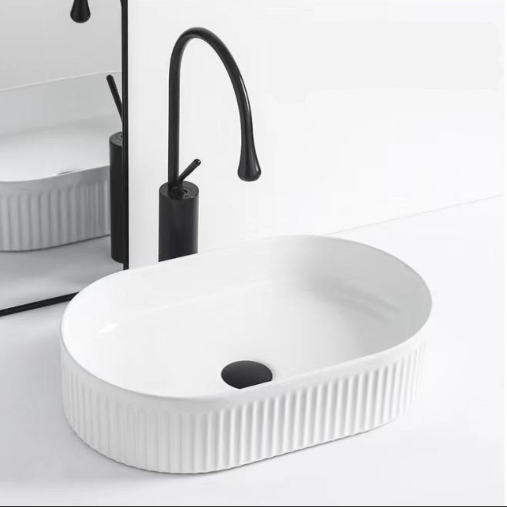 MERCIO CORA FLUTED OVAL ABOVE COUNTER BASIN GLOSS WHITE 580MM