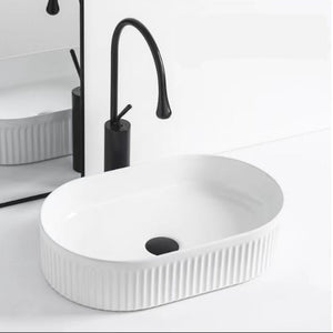 MERCIO CORA FLUTED OVAL ABOVE COUNTER BASIN GLOSS WHITE 580MM