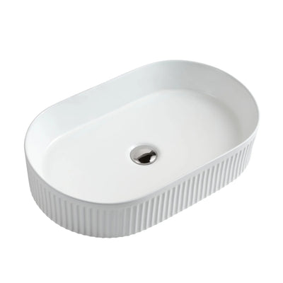 MERCIO CORA FLUTED OVAL ABOVE COUNTER BASIN GLOSS WHITE 580MM