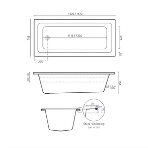 DECINA CORTEZ INSET CONTOUR SPA BATH GLOSS WHITE (AVAILABLE IN 1520MM AND 1670MM) WITH 12-JETS