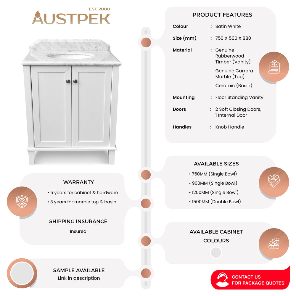 TURNER HASTINGS COVENTRY SATIN WHITE 750MM SINGLE BOWL FLOOR STANDING VANITY PACKAGE