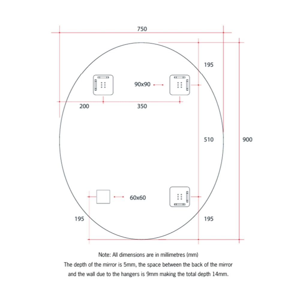 THERMOGROUP ABLAZE OVAL POLISHED EDGE MIRROR WITH DEMISTER 750X900MM