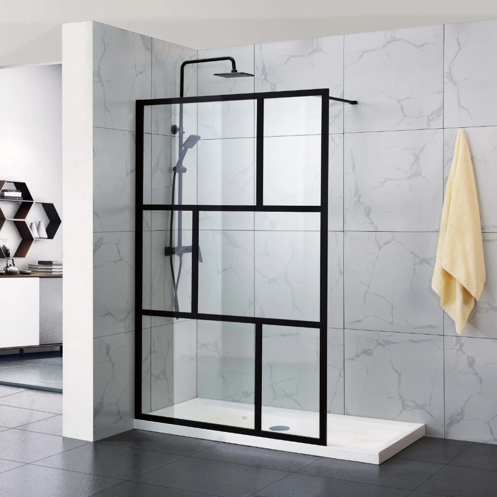 COVEY FRAMED WALK IN SINGLE PANEL WITH SUPPORT BAR SHOWER SCREEN MATTE BLACK