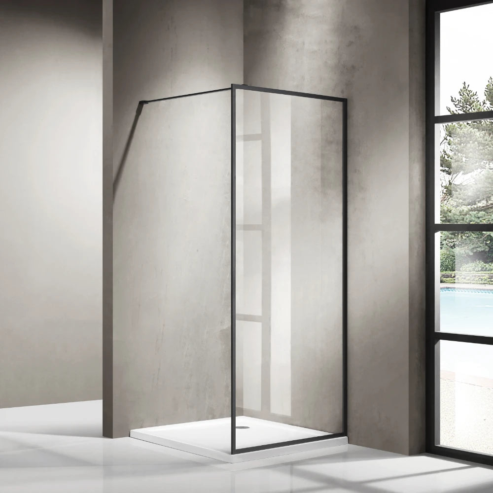 COVEY FRAMED WALK IN SINGLE PANEL WITH SUPPORT BAR SHOWER SCREEN MATTE BLACK