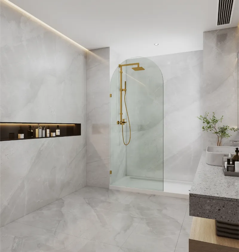 COVEY FRAMELESS ARCH WALK IN SINGLE FIX PANEL SHOWER SCREEN BRUSHED GOLD