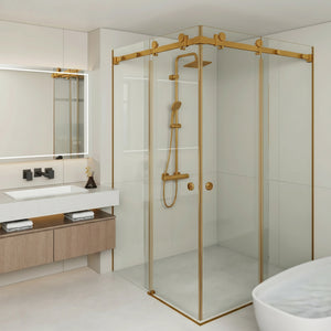 COVEY FRAMELESS DOUBLE CORNER SLIDING DOOR SHOWER SCREEN BRUSHED GOLD