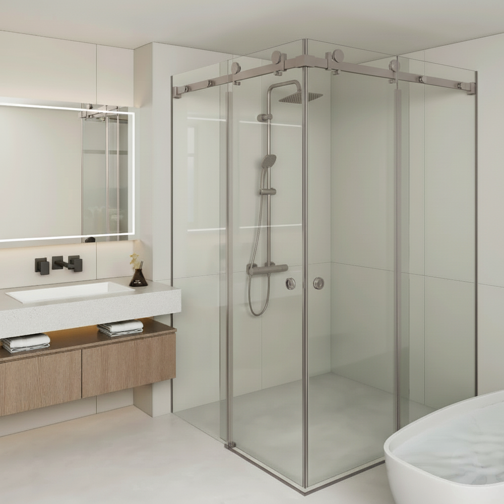 COVEY FRAMELESS DOUBLE CORNER SLIDING DOOR SHOWER SCREEN BRUSHED NICKEL