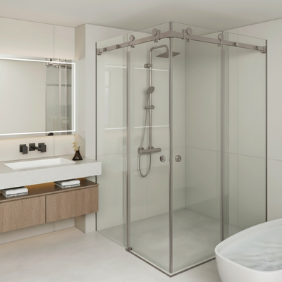 COVEY FRAMELESS DOUBLE CORNER SLIDING DOOR SHOWER SCREEN BRUSHED NICKEL