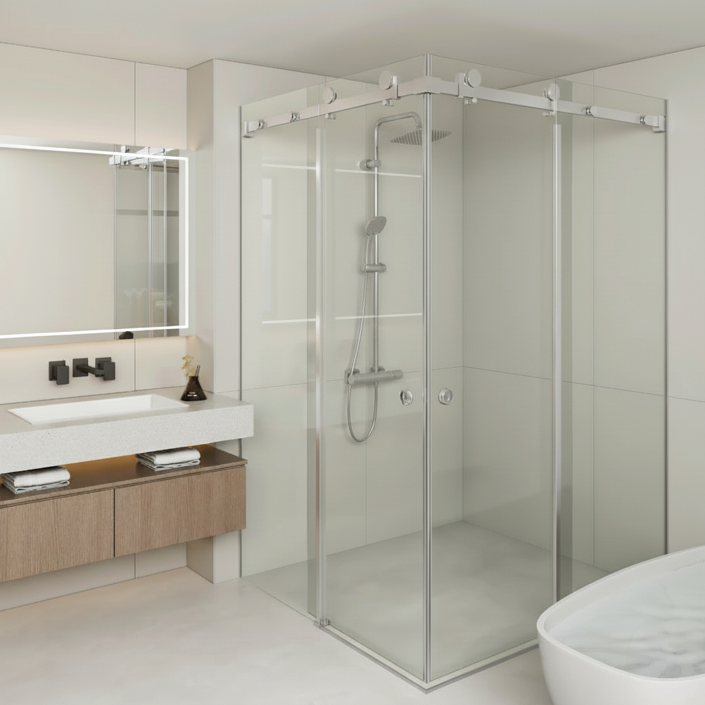 COVEY FRAMELESS DOUBLE CORNER SLIDING DOOR SHOWER SCREEN CHROME