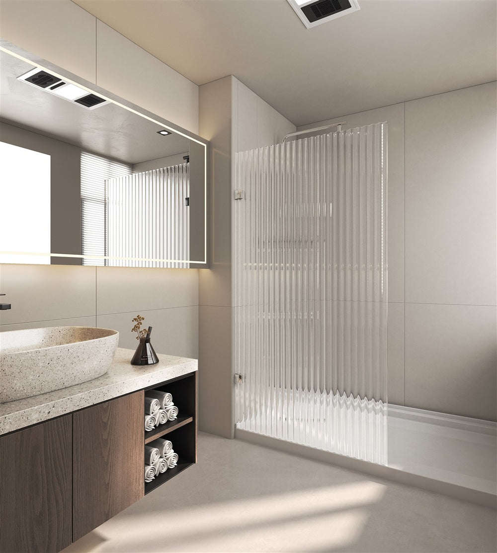 COVEY FRAMELESS WALK IN SINGLE PANEL NARROW LINE FLUTED GLASS SHOWER SCREEN CHROME