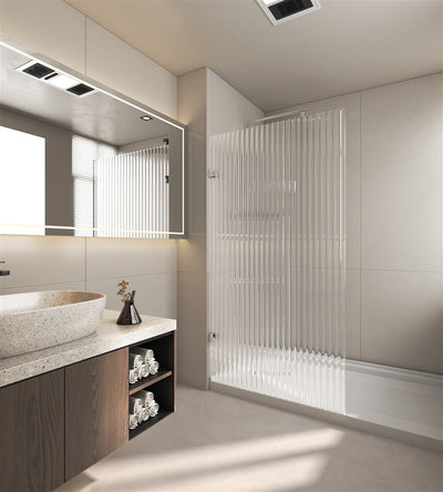 COVEY FRAMELESS WALK IN SINGLE PANEL NARROW LINE FLUTED GLASS SHOWER SCREEN CHROME