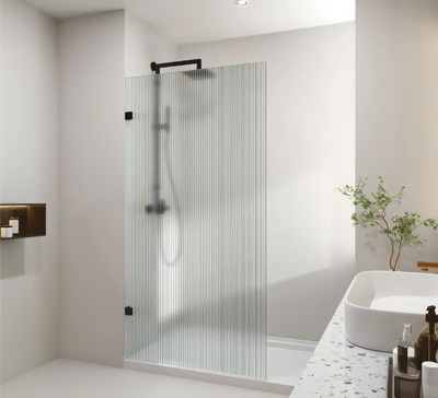 COVEY FRAMELESS WALK IN SINGLE PANEL NARROW LINE FLUTED GLASS SHOWER SCREEN MATTE BLACK