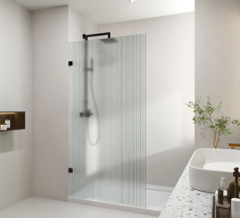 COVEY FRAMELESS WALK IN SINGLE PANEL NARROW LINE FLUTED GLASS SHOWER SCREEN MATTE BLACK