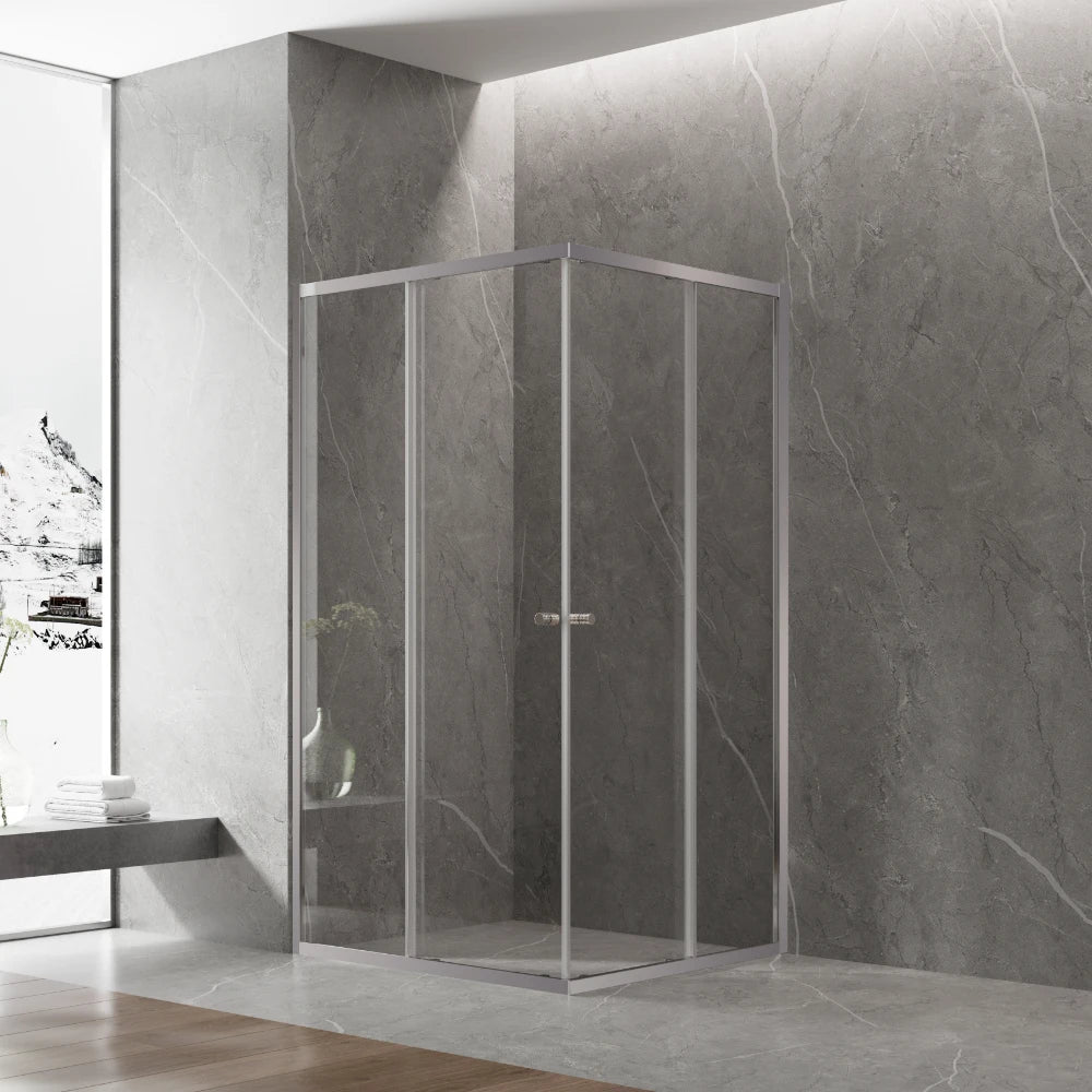 COVEY SEMI-FRAMELESS CORNER OPEN DOUBLE SLIDING DOOR SHOWER SCREEN BRUSHED NICKEL