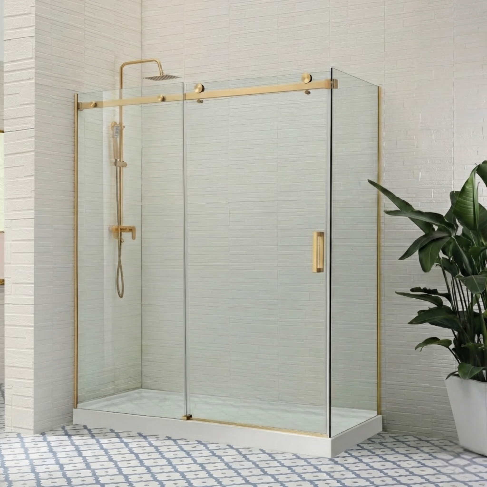 COVEY WALL TO WALL FRAMELESS SINGLE SLIDING DOOR SHOWER SCREEN LIGHT GOLD
