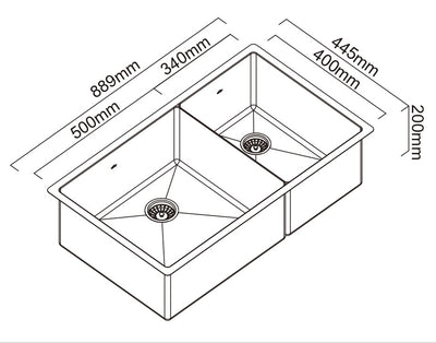 SCHOCK PIAZZA 1 & 3/4 DOUBLE BOWL KITCHEN SINK BLACK PEARL 889MM