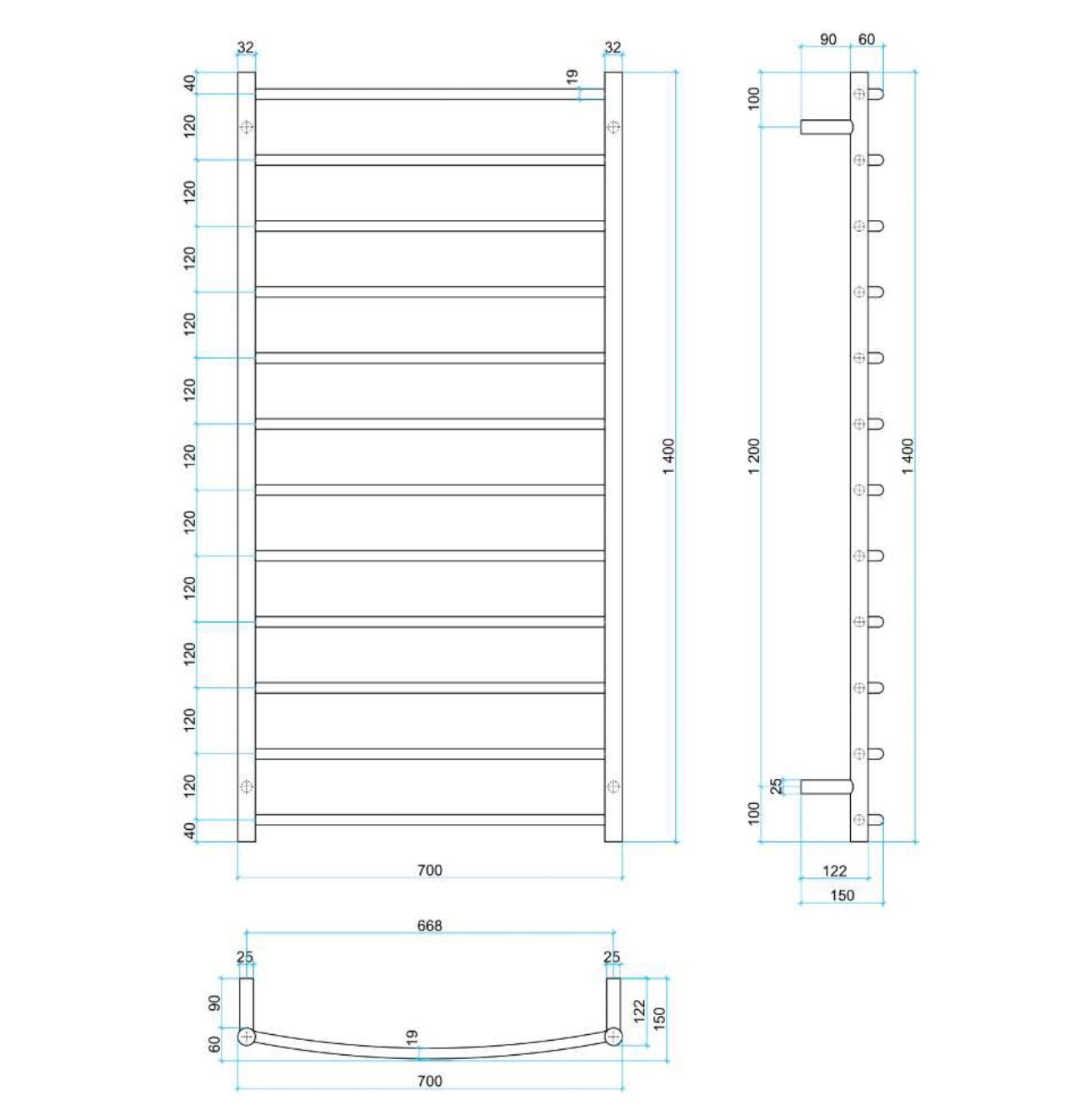 THERMOGROUP CURVED ROUND LADDER HEATED TOWEL RAIL 700MM