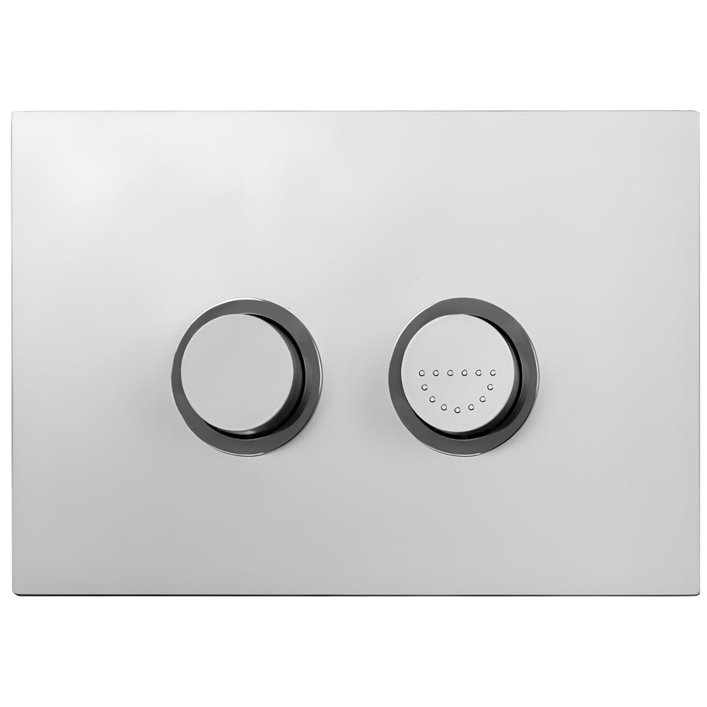 ZUMI CARA CARE WALL FACED FLOOR PAN WITH PNEUMATIC IN WALL CISTERN & PNEUMATIC IN WALL FLUSH PLATE PACKAGE GLOSS WHITE